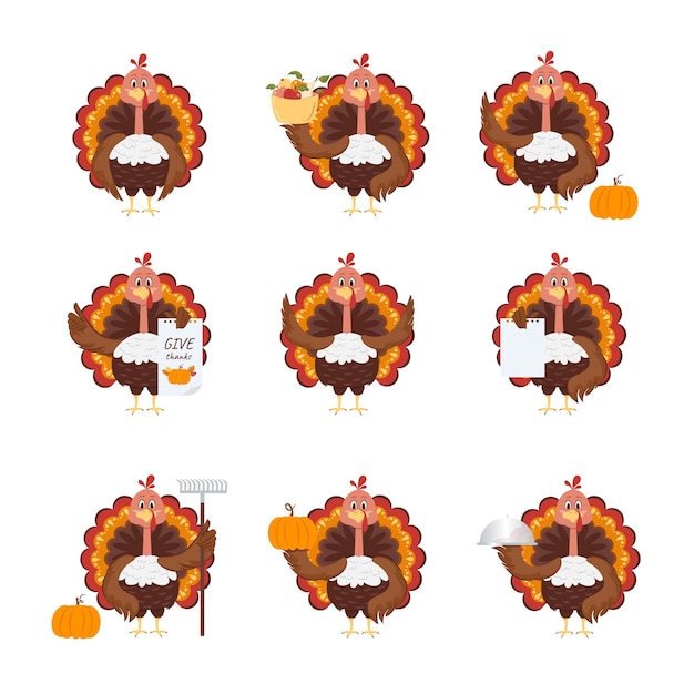 Thanksgiving turkey set, character vector on white background in flat style illustration