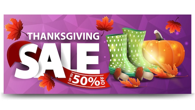 Thanksgiving-uitverkoop, tot 50% korting, horizontale paarse webbanner met veelhoekig ontwerp