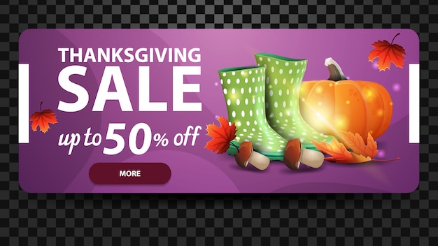 Thanksgiving-uitverkoop, tot 50% korting, horizontale paarse webbanner