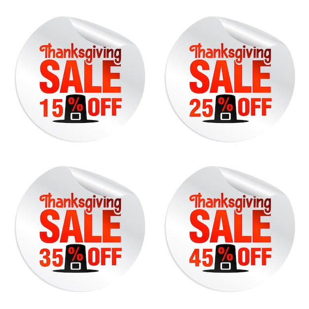 Thanksgiving-uitverkoopstickers set 15 25 35 45 af met pelgrimshoed