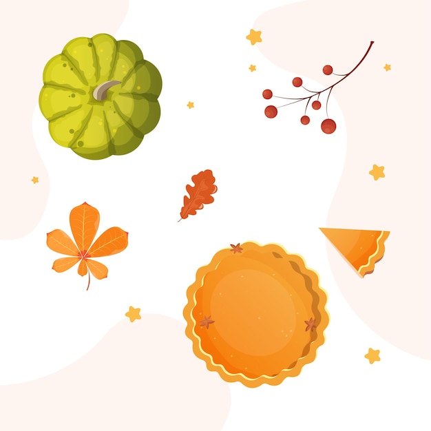 Thanksgiving vector illustration set pumpkin pie and leaves