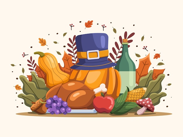 Вектор Векторная иллюстрация дня благодарения демонстрирует традиционные элементы празднования урожая.