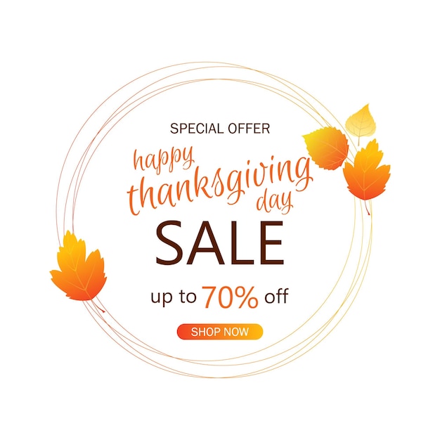 Thanksgiving-verkoopbanner. rond frame met kleurrijke herfstbladeren en kortingstekst. vector.
