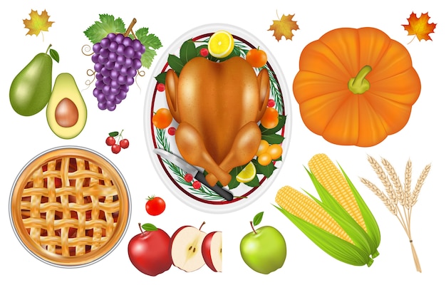 thanksgiving viering traditionele gerechten en fruit set