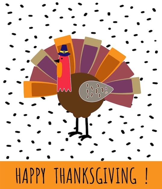 Vector thanksgiving-wenskaart met leuke grappige kalkoen met pelgrimshoed