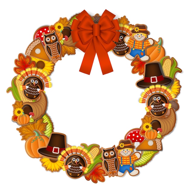 Vector thanksgiving wreath with gingerbread cookies and red bow