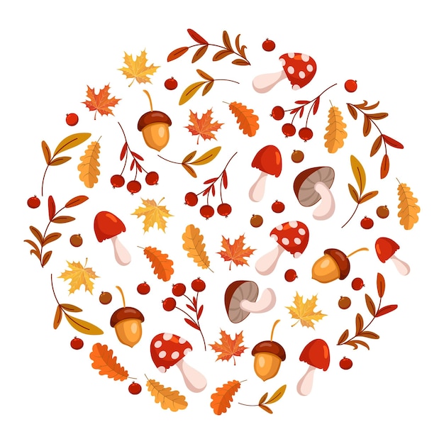 Thanksgiving wreath with mushrooms acorns and autumn oak leaves Print autumn illustration vector