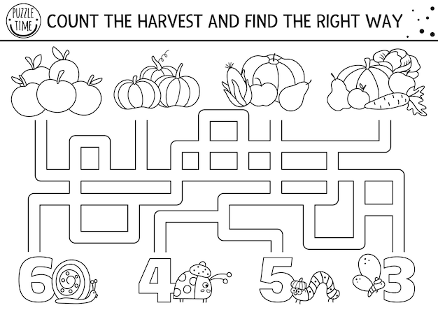 Thanksgiving zwart-wit doolhof voor kinderen herfstvakantie lijn afdrukbare telactiviteit fall labyrint spel of kleurplaat met schattige groenten insecten tel de oogst en vind de wegxa