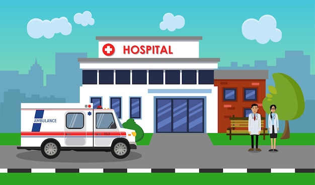 Машина скорой помощи напротив векторной иллюстрации больницы