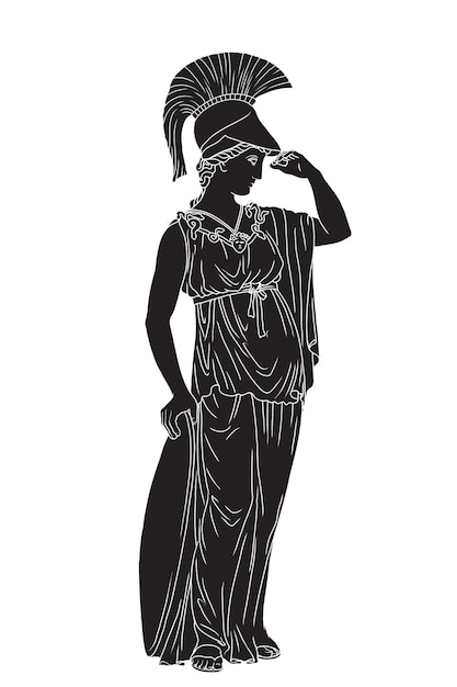兜とチュニックを着た古代ギリシャの知恵の女神パラス・アテナが立って盾を持っている
