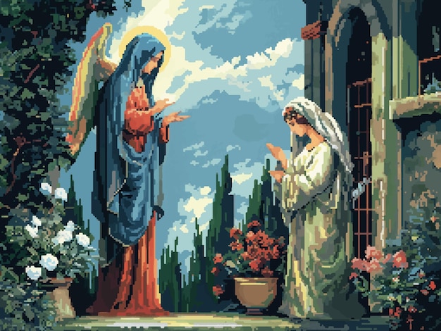 ベクトル マリアの告知 (the annunciation of mary) はカラフルなピクセルアートマンガのスタイルでベクトルジェネレーティブaiにインスピレーションを得て作られました