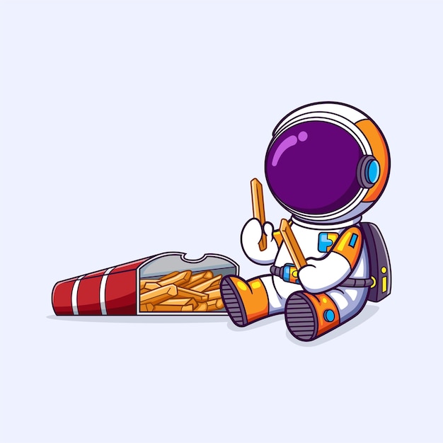 우주 비행사는 앉아있는 동안 감자 튀김을 먹으며 하루를 즐기고 있습니다