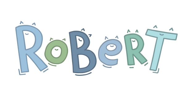 벡터 아기 이름 로버트는 눈이나 귀와 미소로 재미있는 글자로 손으로 쓰여져 있습니다.