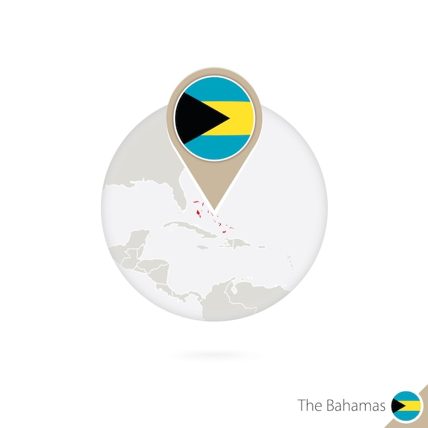 바하마 지도 및 원 안에 플래그입니다. 바하마의 지도, 바하마 플래그 핀입니다. 세계 스타일의 바하마 지도. 벡터 일러스트 레이 션.