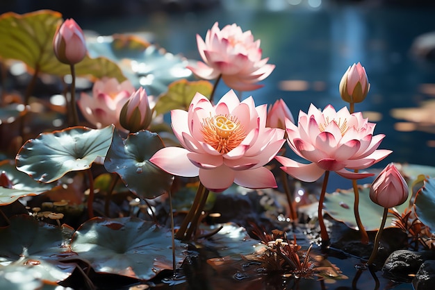 美しい金色の蓮の花が太陽の光に輝いています