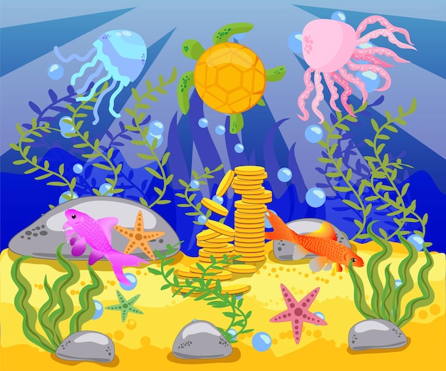 Вектор Красота подводной жизни с различными животными и местами обитания