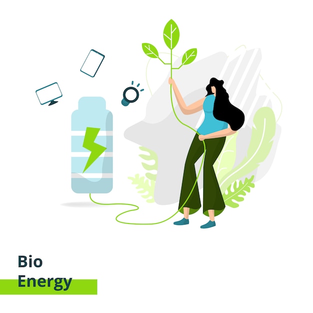 Вектор Целевая страница bio energy, концепция женщин, несущих листья