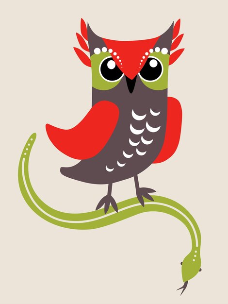 Птица - сова сова милая хмурая сова и змеявекторная иллюстрация совы
