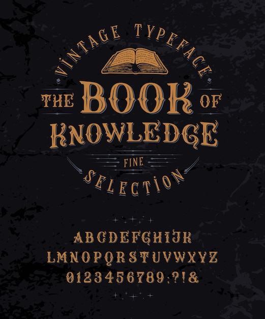 Плакат книги знаний с декором в винтажном стиле и нарисованным от руки алфавитом