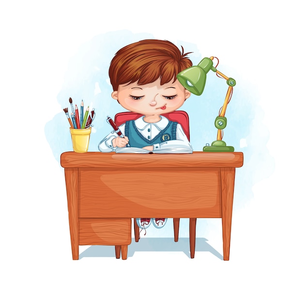 Вектор Мальчик сидит за своим столом и записывает домашнее задание в блокнот. дистанционное обучение на дому.