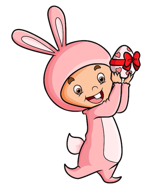 토끼 의상을 입은 소년이 삽화의 사랑 표시가 있는 부활절 달걀을 들고 있다