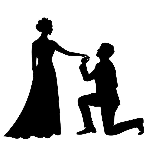 新郎新婦は黒と白のシルエットを並べて立っています プレミアムベクター