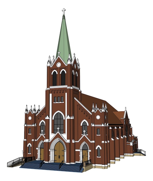 가톨릭 교회의 건물은 다른 측면에서 볼 수 있습니다. 흰색 배경에 3차원 그림