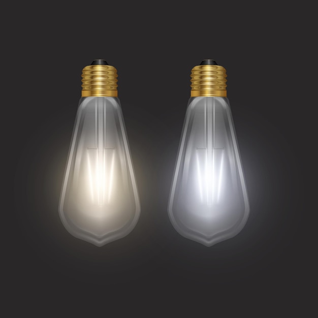 Вектор Колба в стиле ретро на темной подложке светящаяся лампочка в реалистичном стиле