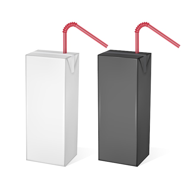 Картонные пакеты молока или сока, изолированные на светлом фоне. картонные пакеты, черно-белый пакет, иллюстрация реалистичного шаблона