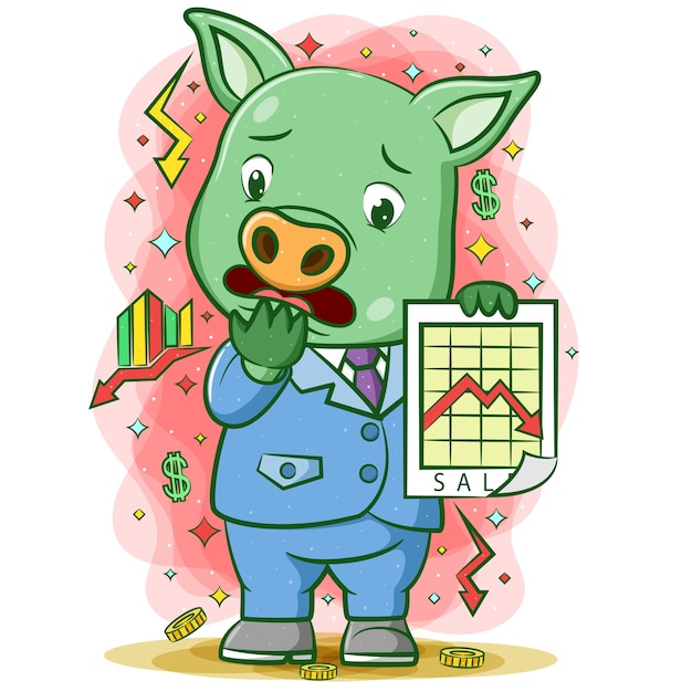 幸せそうな顔で上のグラフィックを保持している豚の漫画