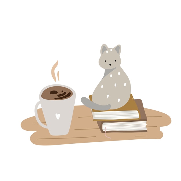 ベクトル 猫は漫画のスタイルでコーヒー カップの近くの本の山に座っています。