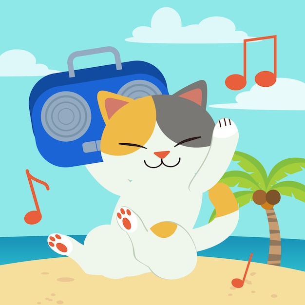 ラジオを持ってかわいい猫のキャラクターとビーチと青空で音楽を聴きます。