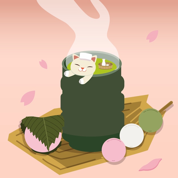 Персонаж милого кота отдыхает в большой чайной чашке с лепестками донго, моти и сакуры.