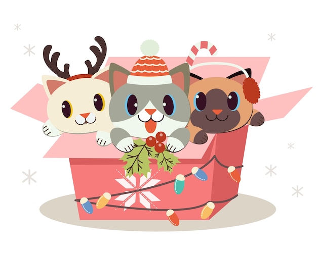 フラットスタイルのギフトボックスに座っているかわいい犬や友達のキャラクター。クリスマス、誕生日パーティーのイラスト。