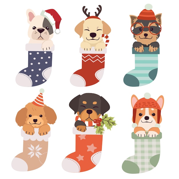 ベクトル かわいい犬のキャラクター、子犬は、靴下のクリスマス テーマのストッキングに赤いサンタの冬の帽子をかぶる