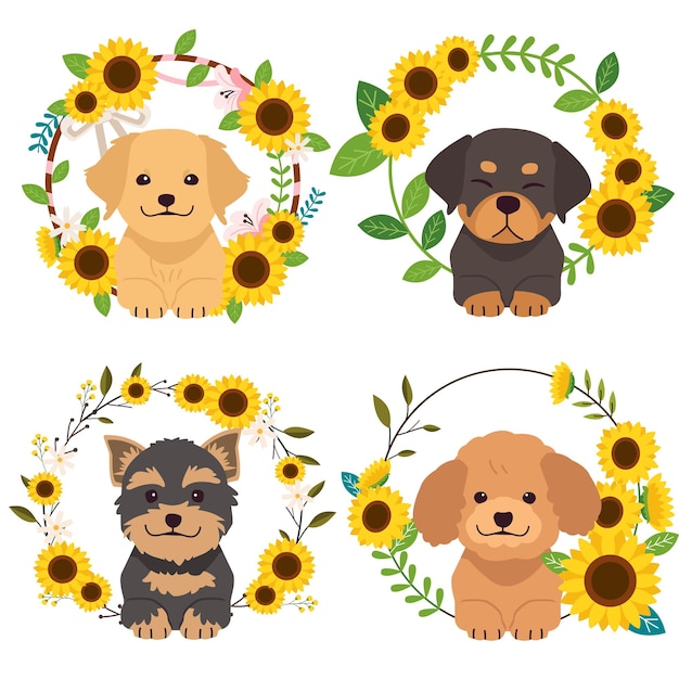 花輪の中央に座っているかわいい犬のキャラクター