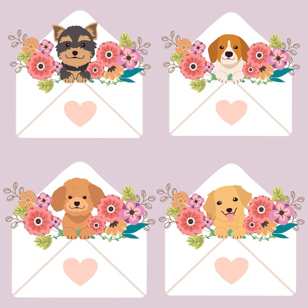 ベクトル 紫色の背景にハートと花と手紙に座っているかわいい犬のキャラクター