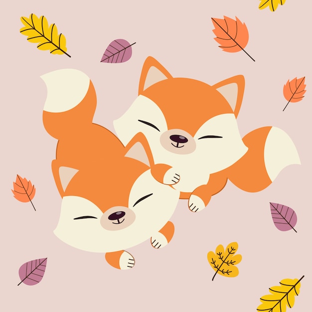シームレスな秋の葉の友人とかわいいキツネのキャラクター。