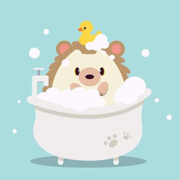 Вектор Персонаж милый ежик купается в ванне с пузырем. на милого ежика есть резиновая утка.