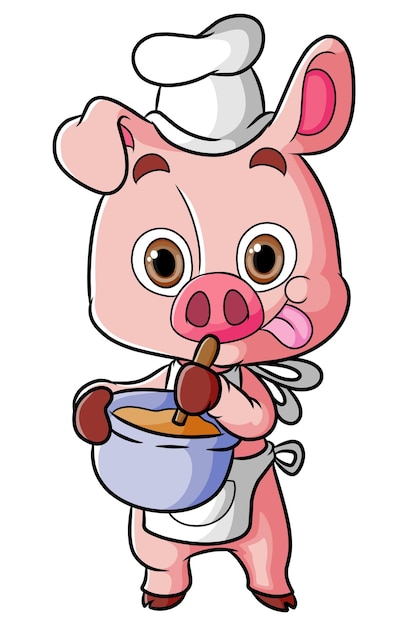 요리사 돼지는 맛있는 음식을 만들고 삽화의 앞치마를 입고 있다