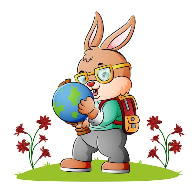 Умный кролик держит глобус с иллюстрацией