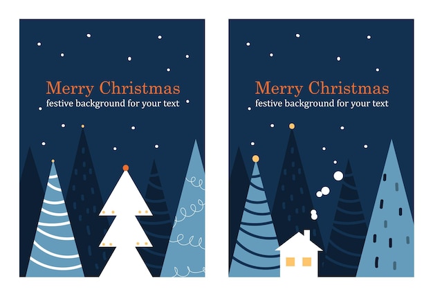 겨울 나무와 집의 형태로 기하학적 모양을 가진 크리스마스 수직 템플릿의 개념. 인사말 크리스마스 카드 서식 파일