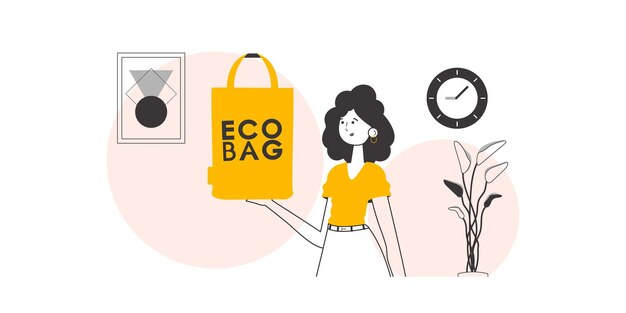 Вектор Концепция экологических пакетов и пластика женщина держит в руках экопакет линейный современный стиль