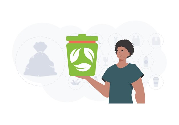 Вектор Концепция экологии и переработки отходов мужчина держит в руках мусорный бак модный стиль персонажа vetcor