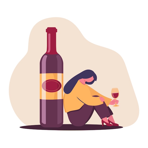 Концепция женского алкоголизма женщина сидит рядом с бутылкой вина, держа бокал вина