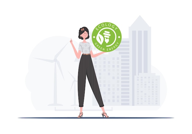 ベクトル グリーン エネルギーとエコロジーのコンセプト女の子は手に eco ロゴを保持しているトレンディなスタイルのベクトル図