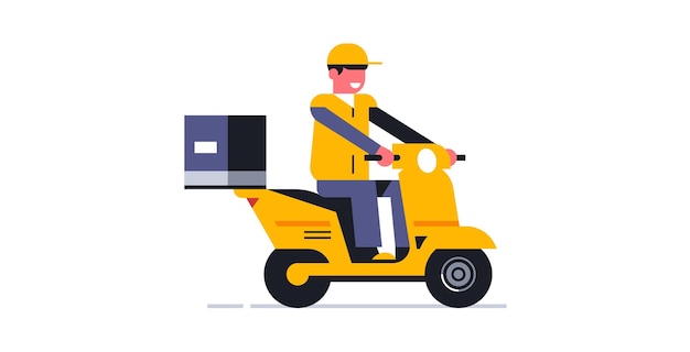 宅配便業者はオートバイで注文を配達します 小包と食べ物のオンライン配達サービスをあなたの家に届けます 作業服を着た宅配業者 自転車モトスクーター ベクターイラスト