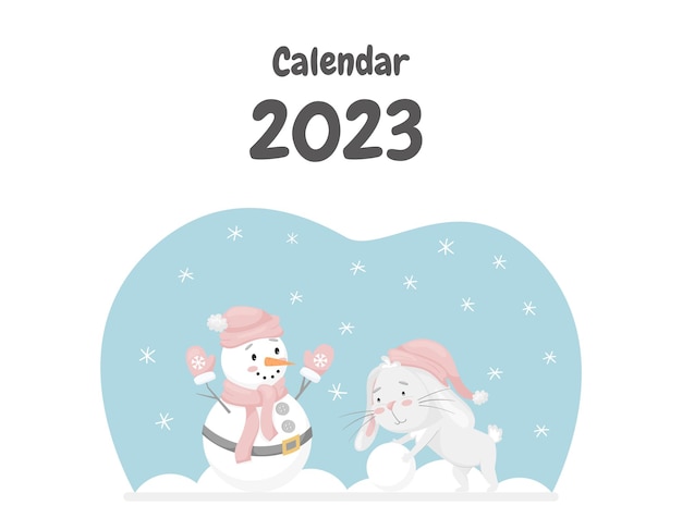 かわいいウサギとかわいいウサギのカレンダーの表紙ウサギは雪だるまを転がします雪だるまを作ります冬の楽しい活動白い背景の上の子供のベクトルイラスト