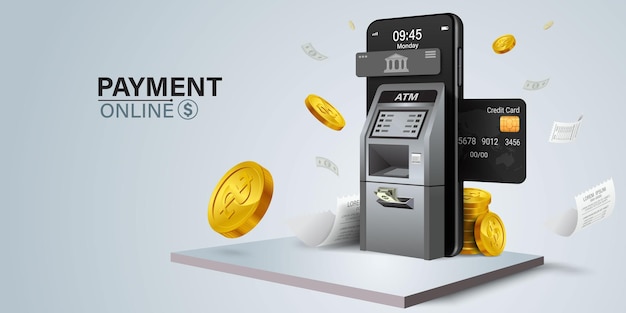 모바일 모바일 결제 앱의 Atm Machineatm 슬롯에 신용카드를 삽입합니다.