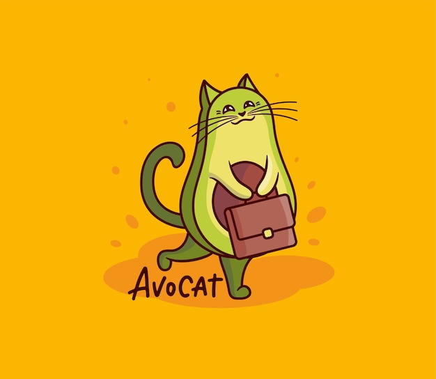 ブリーフケース付きのかわいいアボカド猫耳。レタリングフレーズを持つ面白い漫画のキャラクター-avocat。